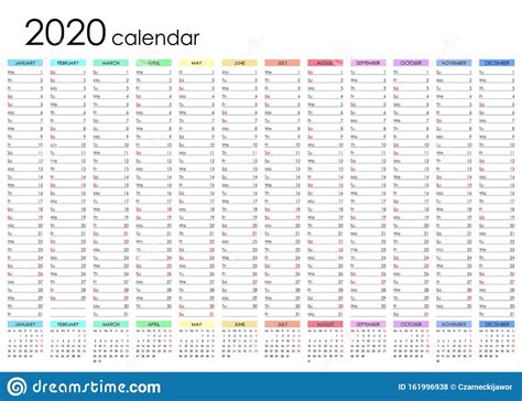One Page Calendar For 2020 Wall Office Planner Stock Vector