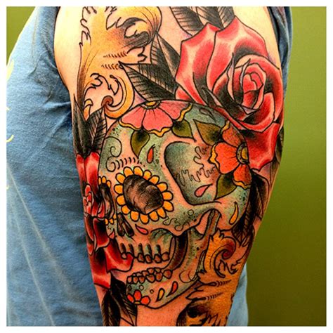 Rose Mexican Sugar Skull Sleeve Half Sleeve Tattoo Designs