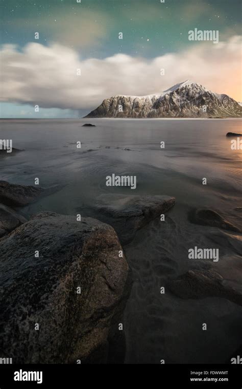 Beautiful Moonlit Skagsanden Beach In Flakstad Lofoten Islands Norway