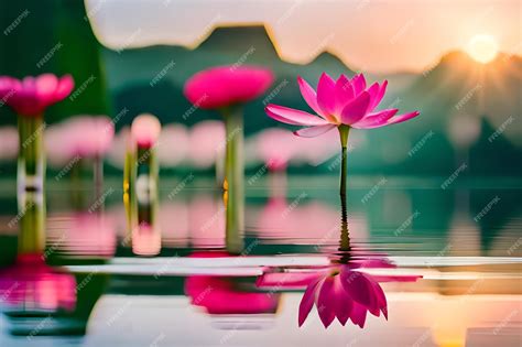 Premium Ai Image Pink Lotus Flower Floating On A Pond With The Sun