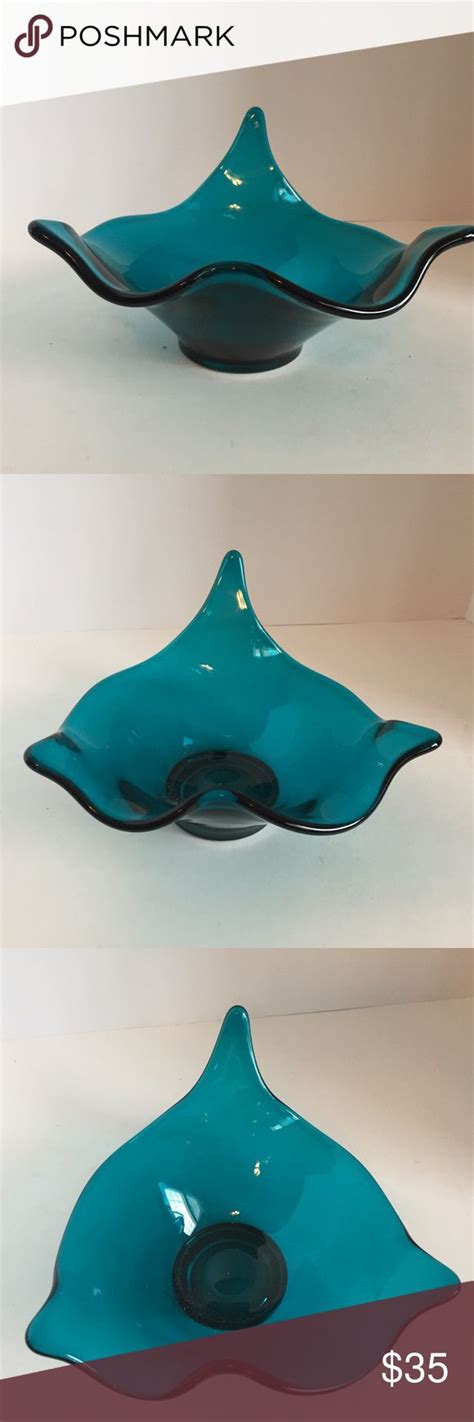 Vintage Hand Blown Glass Turquoise Aqua Blue Bowl Hand Blown Art Glass Bowl Centerpiece Bowl