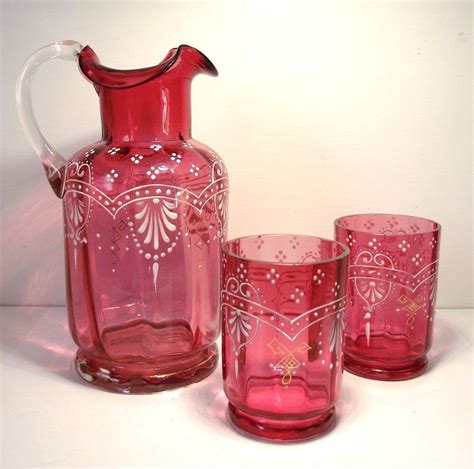 Vintage Victorian Bohemian Moser Cranberry Glass Water Pitcher Set Enamel Gold Cranberry Glass