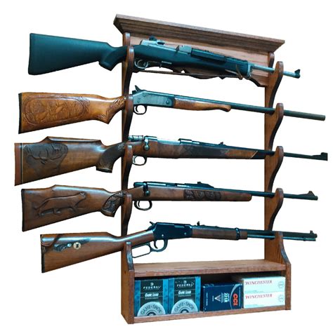 Oak Wooden Gun Rack 5 Place Rifle Shotgun Wall Display Ammo Storage