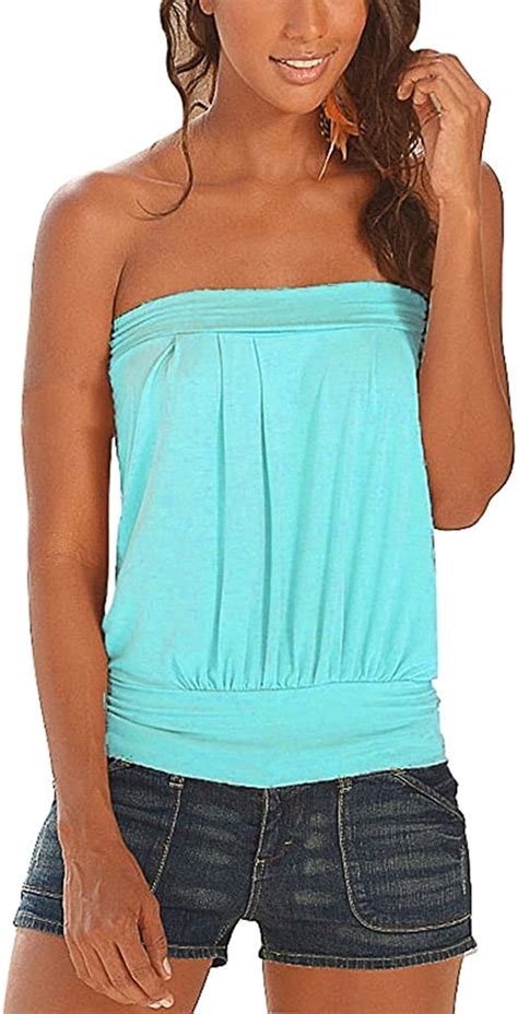 women strapless tube top stretchy ruched front flowy tunic shirt uk clothing