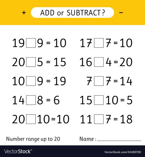 Add Or Subtract Number Range Up To 20 Worksheets Vector Image