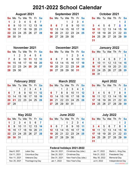 Calendar 2021 2022 Printable Free