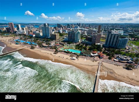 Aerial View Of Durban Beach Front Showing The Piers Extending Into The Sea Kwazulu Natal South