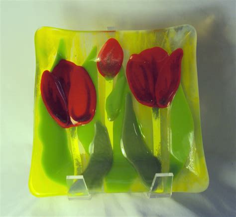 Fused Glass Tulip Dish Red Tulips Fused Glass Crushed Glass