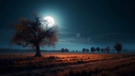 Fantastic Night Landscape Of A Field With Trees By A Large Full Moon