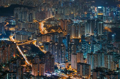 Fond Décran Paysage Urbain Hong Kong Nuit Horizon Gratte Ciel