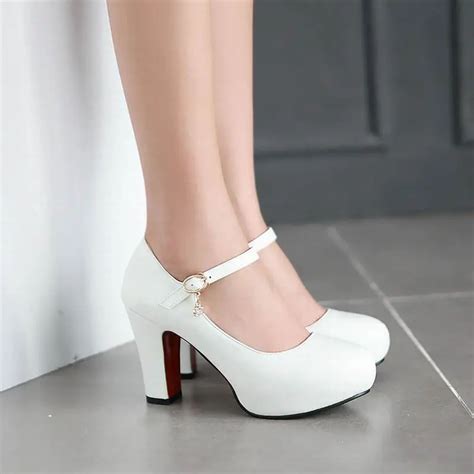 new women high heels pumps sexy bride party thick heel round toe white high heel shoes for