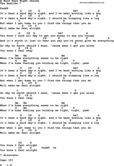 Song Lyrics With Guitar Chords For A Hard Days Night Guitar Tabs