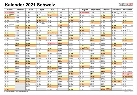 Kalender 2021 mit kalenderwochen + feiertagen: Kalender 2021 Schweiz zum Ausdrucken als PDF