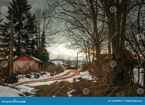 Winter Rural Scene At Sunset With Bits Of Snow Stock Image Image Of
