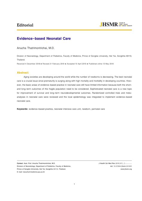 Pdf Evidence Based Neonatal Care