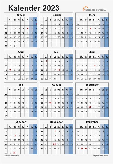 Kalender 2023 Mit Excel Pdf Word Vorlagen Feiertagen Ferien Kw Gambaran