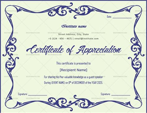 Certificate Of Appreciation For Guest Speaker 1457 Mint Editable