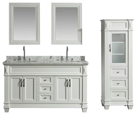 Emliviar modern industrial bathroom how to light a vanity correctly lighting double with center shelves best lightology 7 tips from the country vanities ideas contemporary sconces where should they go. Hudson 61" Double Sink Vanity Set with Marble Top and Linen Cabinet - Traditional - Bathroom ...