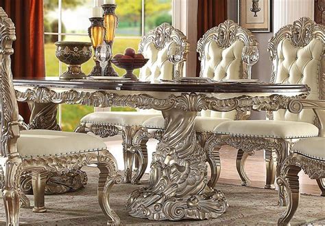 Scarlett 7 piece dining set with upholstered host chairs. Homey Design HD-8017 Royal Antique White Silver Finish ...