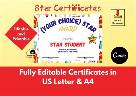 Editable School Star Certificates Superstar Awards Class Etsy