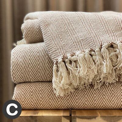 Luxury Cotton Natural Beige Brown Herringbone Large Sofa Bed Throw