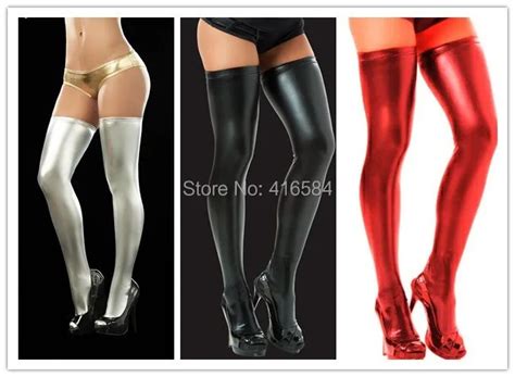 Sexy Faux Leather Stockings Metal Shiny Red Black Silver Thigh High