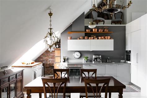 Elegant design in kitchen interior, panorama. Elegant interior desing in an attic apartment