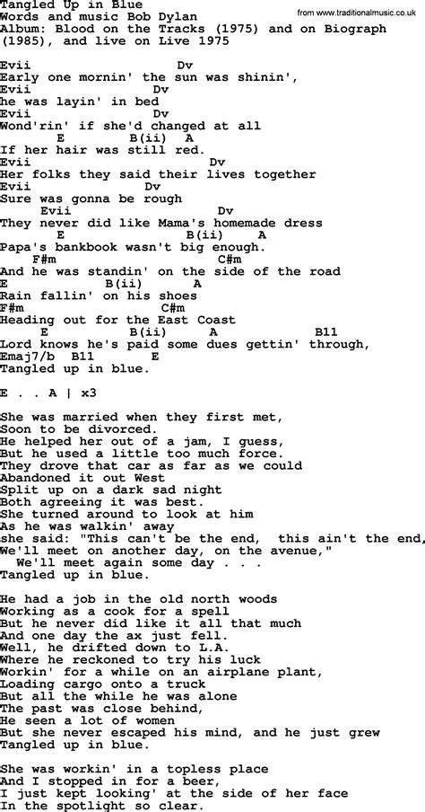 Bob Dylan Song Tangled Up In Blue Lyrics And Chords Bob Dylan