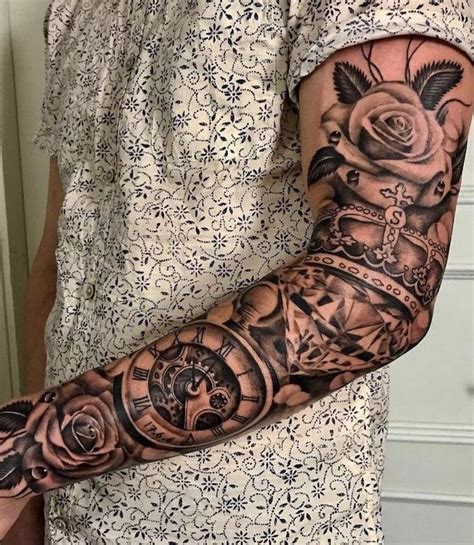 Roses Crown Pocket Watch Sleeve Tattoo Roman Numeral Tattoos Meaning White Floral Shirt Forearm