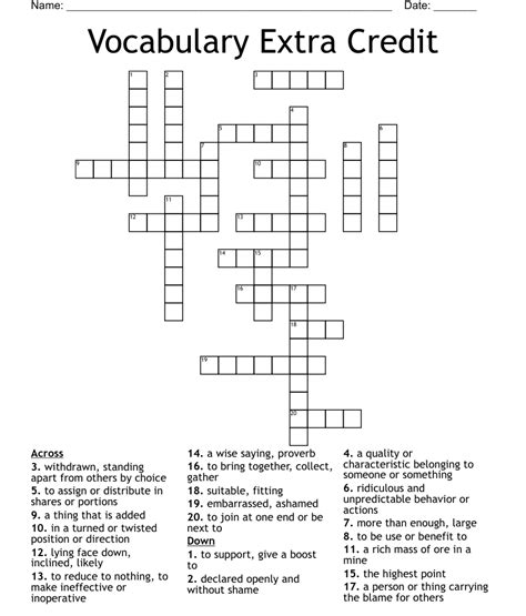 Vocabulary Extra Credit Crossword  WordMint