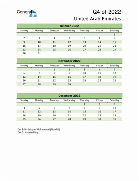 Q4 2022 Quarterly Calendar With United Arab Emirates Holidays