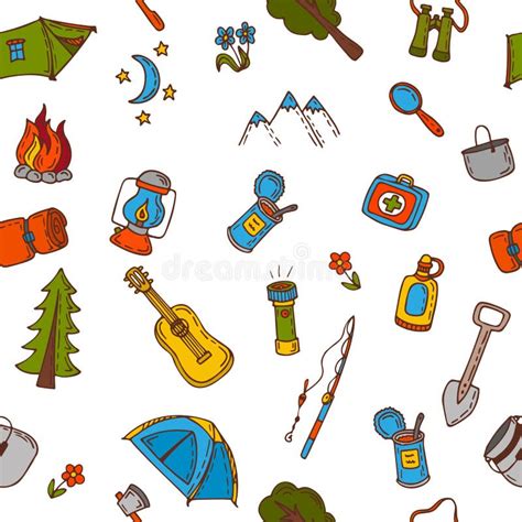 Hand Drawn Camping And Hiking Seamless Pattern In Color Doodle Stock