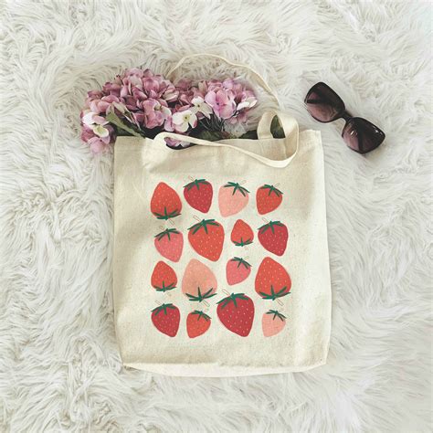 Strawberry Tote Bag Cute Tote Bag Strawberry Bag Plant Tote Etsy