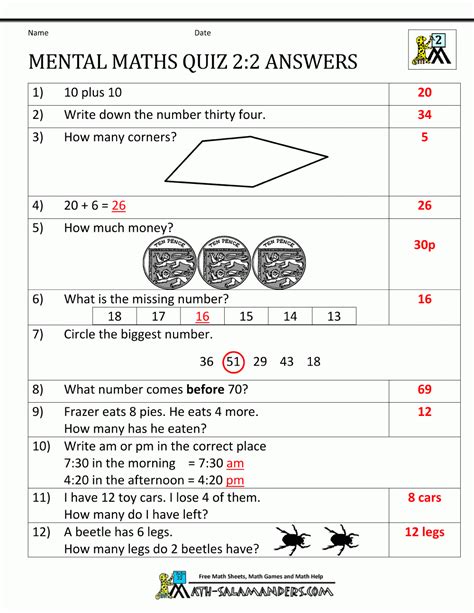 Mental Maths Practise Year 5 Worksheets Math Test Printable