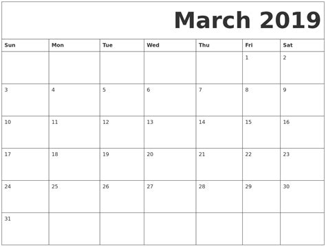 March 2019 Free Printable Calendar
