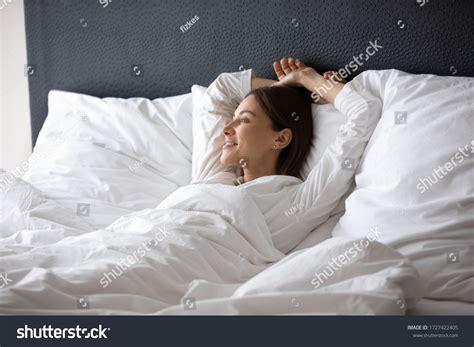 Woman Wake Lying Bed Dreaming Planning Stock Photo 1727422405