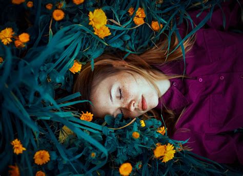 Wallpaper Id 1436954 1080p Redhead Sleeping Girl Girl Freckled Red Calendula Flowers