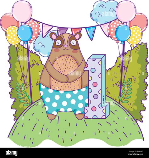 Cute Bear With Balloons Helium In The Landscape Stock Vector Image
