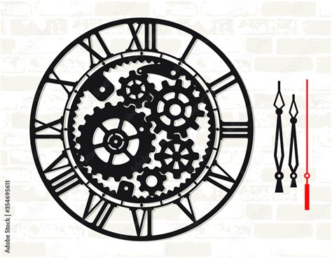 Wall Clock Template With Mechanical Moving Gear Skeleton Digital Cut