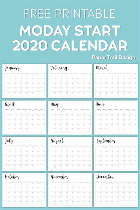 Free Printable 2020 Calendar Monday Start Paper Trail Design