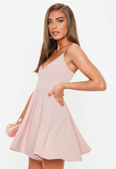 Maya pink petite v neck short sleeve sequin maxi dress. Petite Pink Strappy Scuba Skater Dress | Missguided
