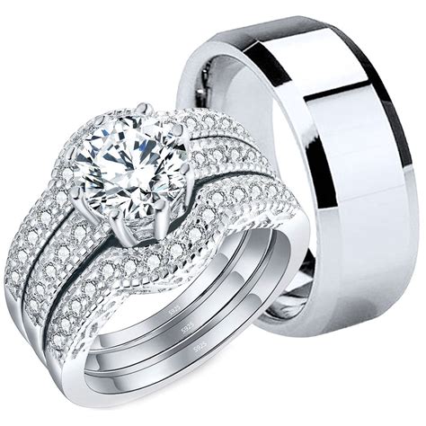 Mabella Couples Rings Her Halo Cz Sterling Silver Engagement Wedding Ring Sets His Stainless