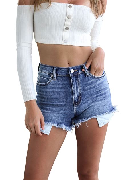 Womens Casual Mid Rise Denim Shorts Washed Tassel Frayed Hem Jean Shorts Exposed Pocket Bag