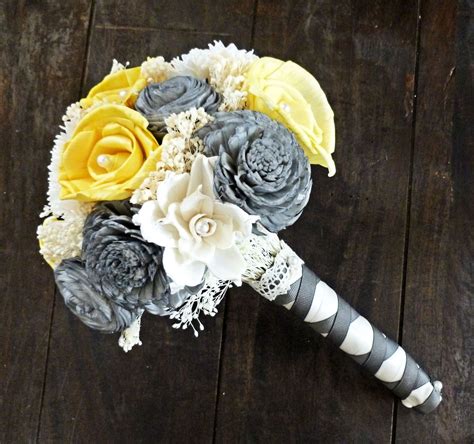 Custom Handmade Wedding Bouquet Yellow Gray Ivory Bridal