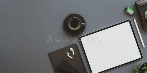 Blank Screen Tablet With Office Supplies On Trendy Photographer