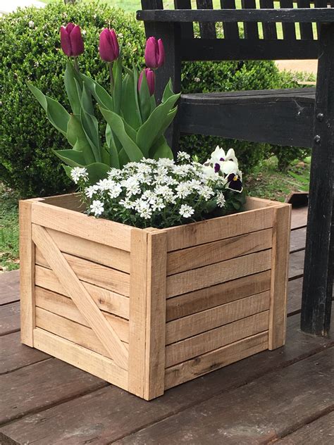 Rustic Oak Wood Planter Box Square Wooden Crate Planter Etsy Wooden