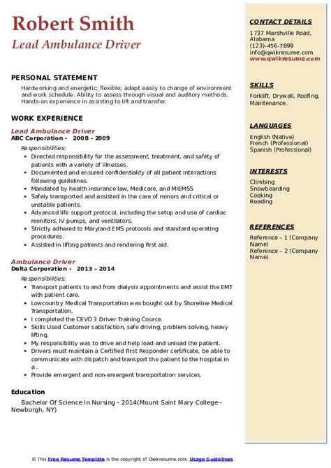 Helping clients and patients to develop their independent daily living skills in accordance jobseekers may download and use this cv example for their own personal use to help them create their own cvs. Ambulance Driver Resume Samples | QwikResume