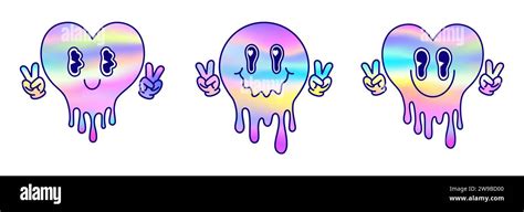 Set Of Melting Hearts And Melting Emoticon In Cartoon Style Stock