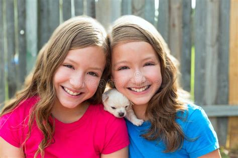 Twin Sisters Puppy Pet Dog And Great Dane Playing Stock Photo Image