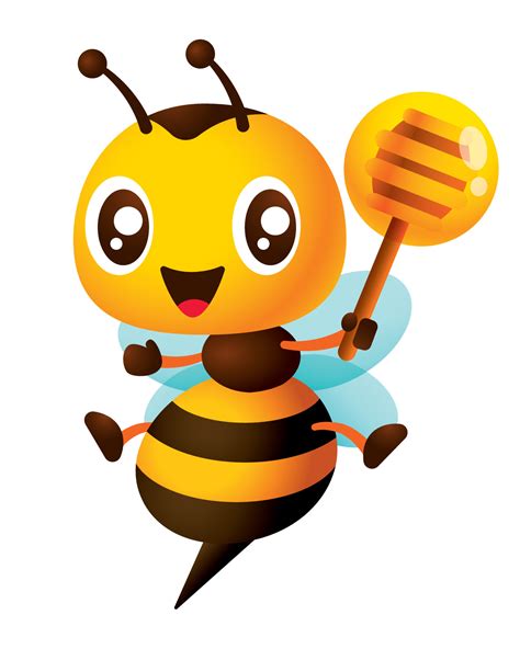 Cartoon Cute Smiling Bee Cartoon Holding Honey Dipper With Fresh Honey